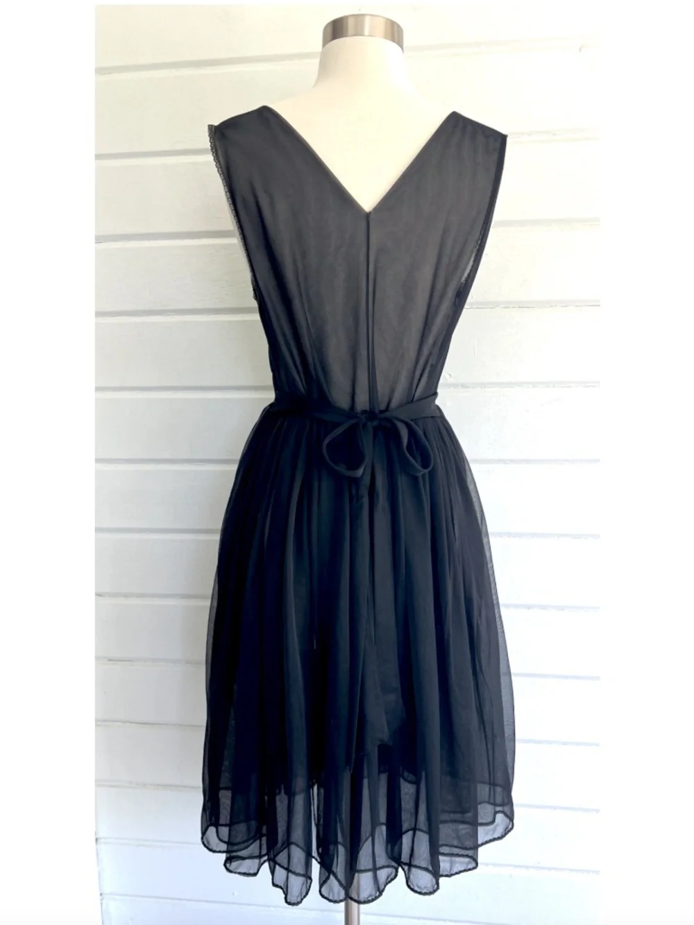 Vintage Sheer Negligee/ Dress with Lace Accent and Tie Waist - Black/Brown - S